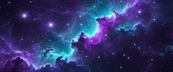 Fototapeta premium Majestic purple and turquoise nebula with scattered stars and cosmic glow