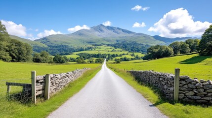 Serene country road stretches towards a majestic mountain range, framed by lush greenery and stone walls