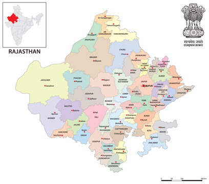 Administrative district map of the Indian state of Rajasthan, 2024