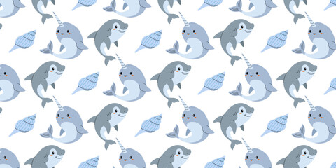Colorful pattern featuring playful narwhals and seashells in a whimsical underwater theme © SmartArtStudio