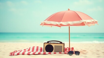 Retro beach scene with a pink and white striped umbrella, a vintage radio, and sunglasses on the sand. Concept of summer, vacation, and relaxation
