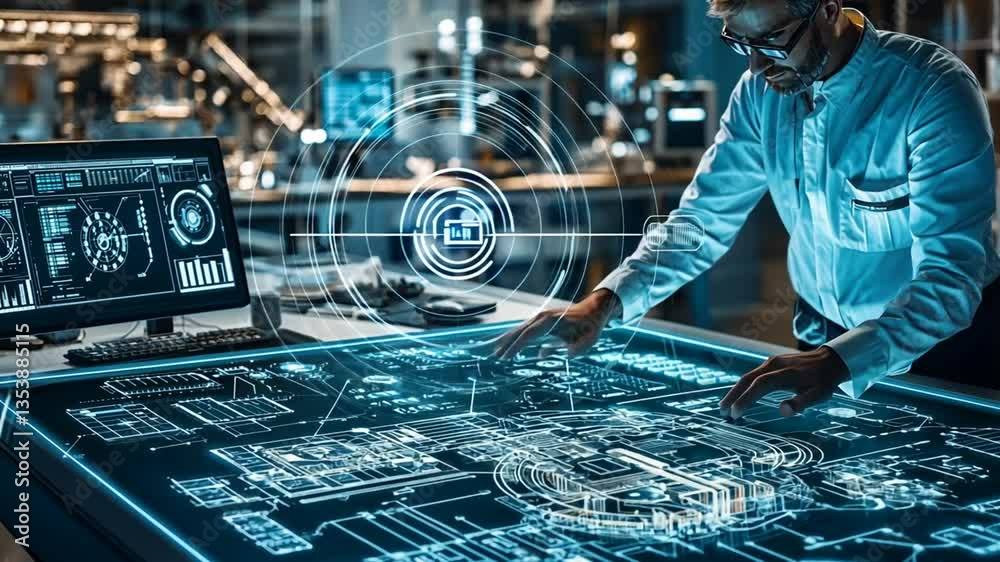 Poster engineers and scientists analyzing data in bright workspace generative ai