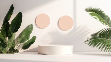 Minimalist display podium with plants and soft light