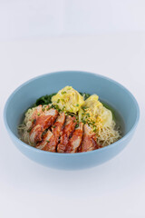 Egg Noodles with Roast Red Pork, Egg Noodle Soup with Red Roasted Pork Soup, steaming bowl of egg noodles in a rich broth, topped with tender roasted red pork, Thaifood