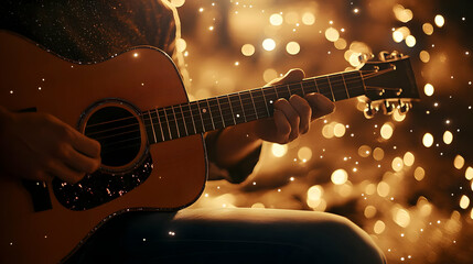 Obraz premium A close-up of a person playing an acoustic guitar with soft, glowing lights in the background.