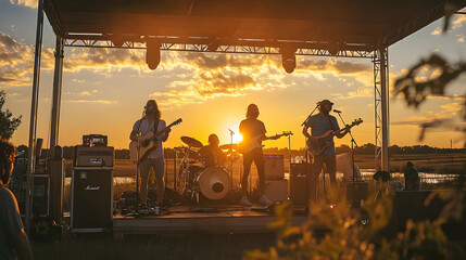 A band performs at sunset on an outdoor stage, creating a lively atmosphere.