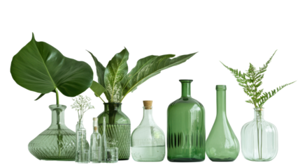 Fresh Green Leaf Plant Positioned Beside Transparent Glassware Flasks, Symbolizing Botanical Research, Natural Science, and Sustainable Chemistry, Isolated on a Clean White Background