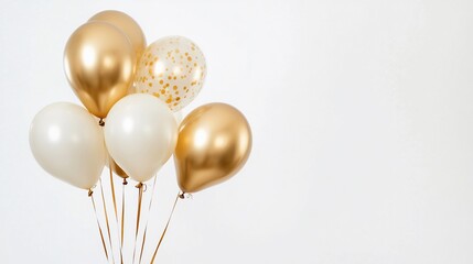 Elegant celebration featuring gold and ivory balloons against a white background
