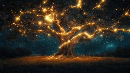 an image of a tree lit up at night with stars in the sky above it