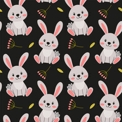 Cute and playful bunnies surrounded by flowers on a dark background creating a whimsical textile design