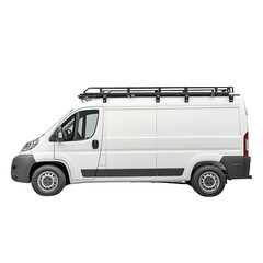 A White Cargo Van with Black Roof Rack Isolated on Transparent Background