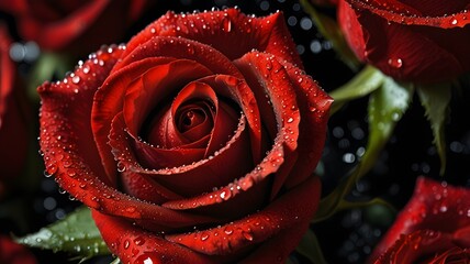  Macro Shot of a Red Rose Covered in Dewdrops
