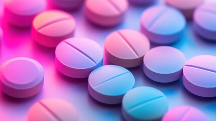 Colorful assortment of round pills on a surface showcasing vibrant hues of pink and blue, emphasizing the medical and pharmaceutical themes in lifestyle and health contexts.