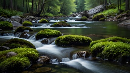 Tranquil Flow: A Pristine Mossy Mountain Stream