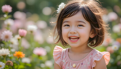 Joyful Little Girl Smiles Amidst Spring Flowers