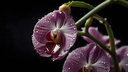 Close-up Macro Shot of Purple Orchid with Water Droplets on Petals