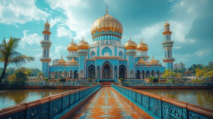 Fototapeta premium Majestic Blue Mosque, Pathway Approach, Tropical Setting