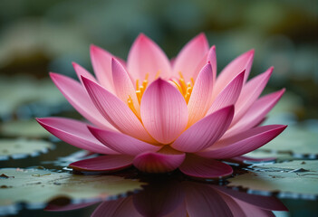 Pink lotus flower opens its petals on the smooth surface of tranquil pond, delicate details and surrounded by lush green leaves under the soft afternoon sun