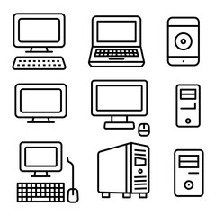 Illustration showing a set of icons of computers and system units on a white background