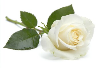 Fototapeta premium A single white rose lies on a plain white background