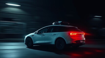 White SUV driving at night.