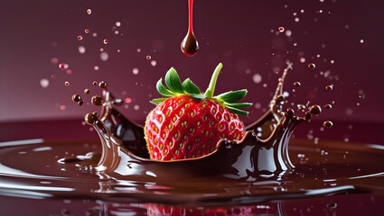 Strawberry Splashing into Rich Melted Chocolate