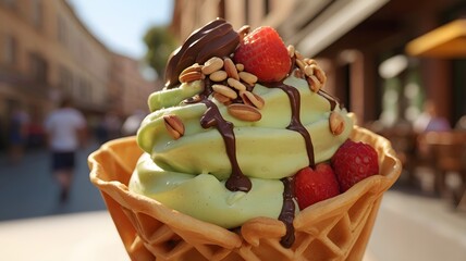 point of view Close-Up of Pistachio Gelato in a Waffle Cone with Chocolate Drizzle and Berries