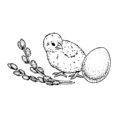 A black and white ink drawing of an Easter chick with an egg and willow branch. A perfect design for greeting cards, packaging, branding, invitations, textiles, DIY and festive scrapbooking