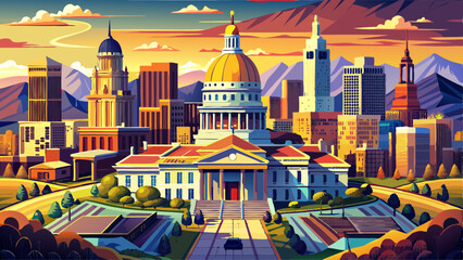Naklejka premium Aerial view of Denver, Colorado skyline and Colorado Capitol at sunset. Denver is a consolidated city and county, the capital, and most populous city of the U.S. state of