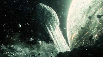 Asteroid trajectory near planet in deep space cosmic exploration