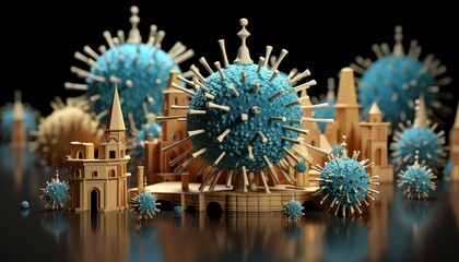 Conceptual depiction of coronavirus pandemic threat hovering over a stylized cityscape against black backdrop