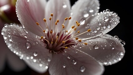 Macro Shot of Cherry Blossom with Water Droplets on Petals