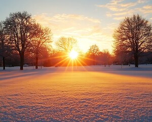 Bright sunrise over snow covered field with bare winter trees