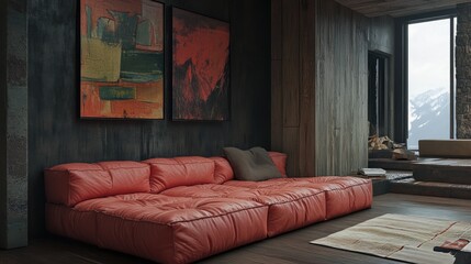 Fototapeta premium A contemporary high-end living space with a modular red leather sectional sofa and artistic decor.