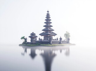 Exploring Tranquil Temple Reflection on Misty Lake in Indonesia