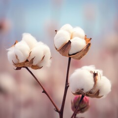 Cotton Blooms on Stem. Soft Focus Field. Pastel Background. Close-up. Farming
