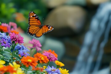 Fototapeta premium A beautiful butterfly flying among colorful flowers with an ancient waterfall nearby