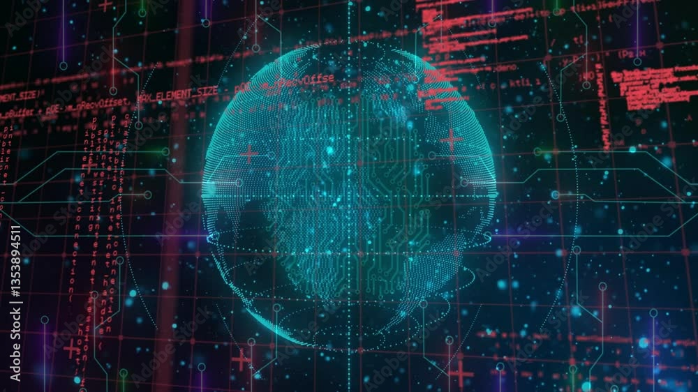 Poster animation of digital globe with circuit patterns surrounded by coding elements