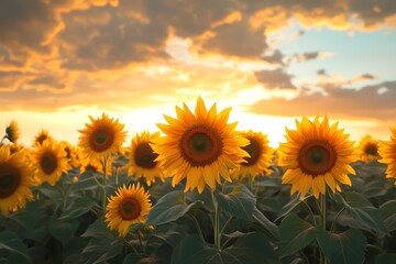 Fototapeta premium A vibrant painting of sunflowers standing tall in an expansive field