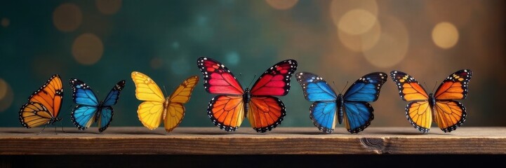 Obraz premium Colorful butterflies perched on a wooden shelf, colorful, shelves
