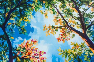 A vibrant tree canopy with leaves of various colors against the blue sky with branches reaching out invitingly