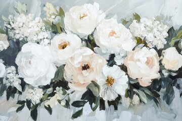 Abstract oil painting of flowers in white cream and sage green on a grey background featuring peonies roses and hydrangeas