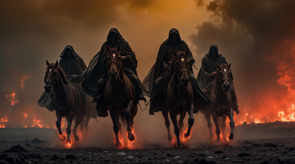 Four Horsemen of Apocalypse as described in Book of Revelation, symbolizing conquest, war, famine, death. Four Horsemen representing different aspect of biblical apocalyptic prophecy. End of world