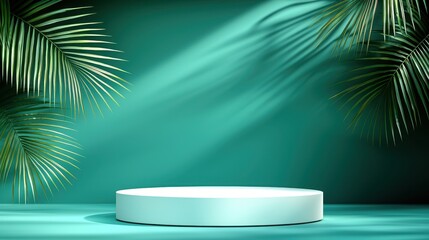 Fototapeta premium Elegant presentation stage surrounded by tropical greenery in a modern setting ideal for events and showcases