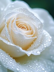 A close up image of a white rose with water droplets