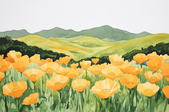 Gouache painting of California poppies in a field with hills in the background on white