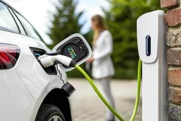 Electric vehicle charging action urban location technology content modern environment close-up viewpoint eco-friendly concept