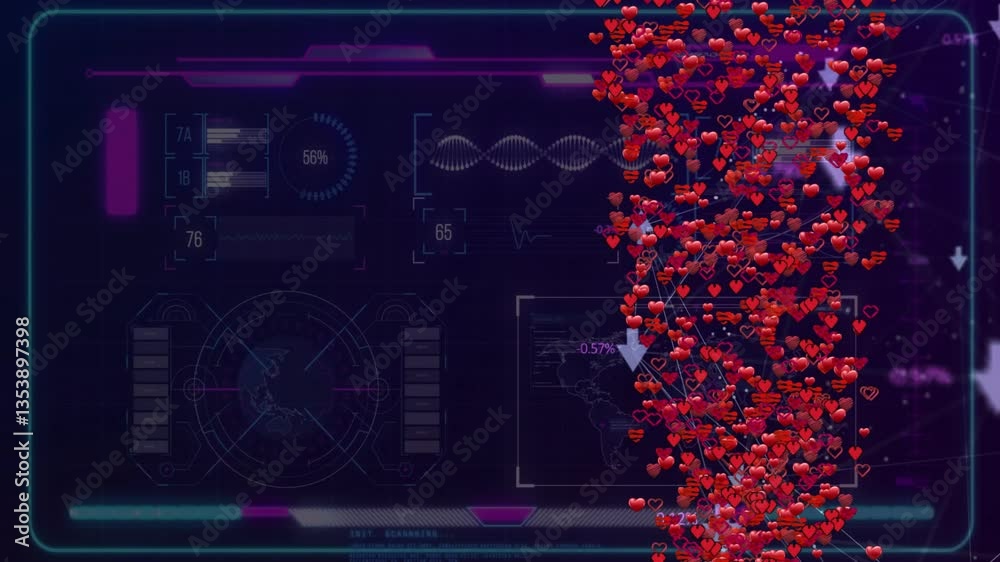 Poster red heart animation cascading over digital data interface elements