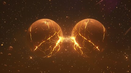 Fototapeta premium Cosmic collision: two glowing planets cracking apart in space explosion
