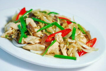 Stir Fried Chicken with Ginger, Stir fried chicken with ginger, chili, onion, and vegetables on a white plate, showcasing vibrant colors and fresh ingredients, Thaifood